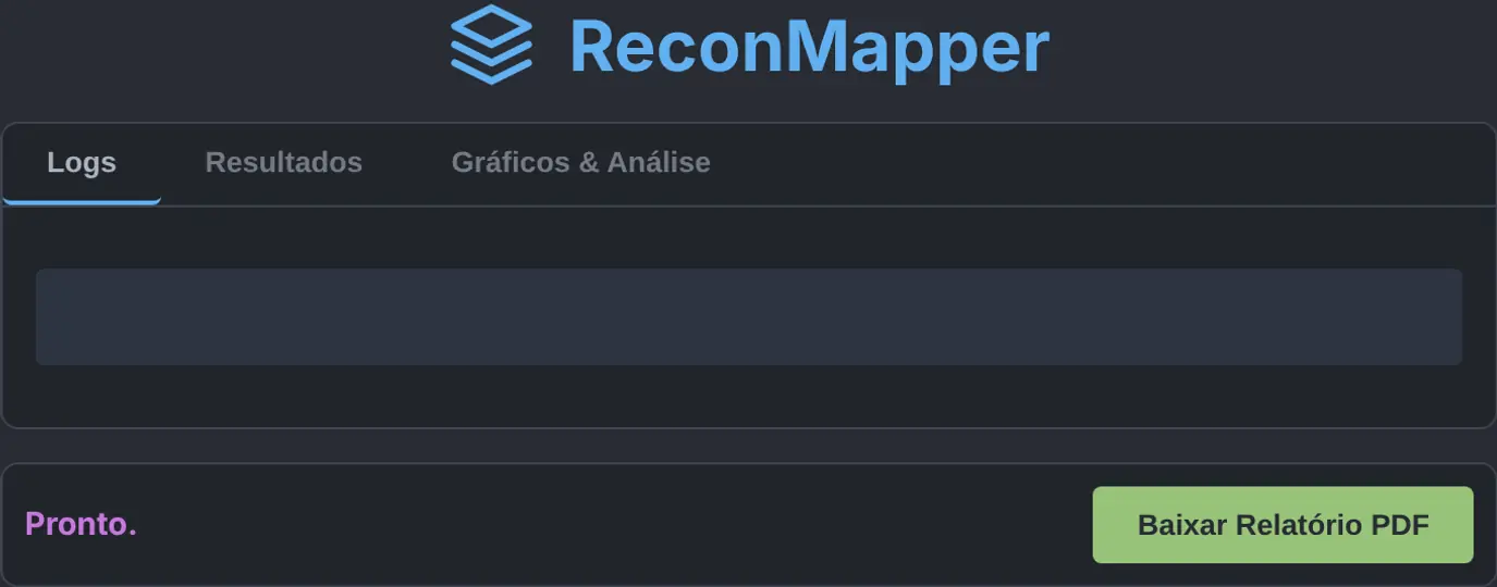 Janela do ReconMapper com o título, as abas Logs, Resultados e Gráficos & Análise e o botão Baixar Relatório PDF.